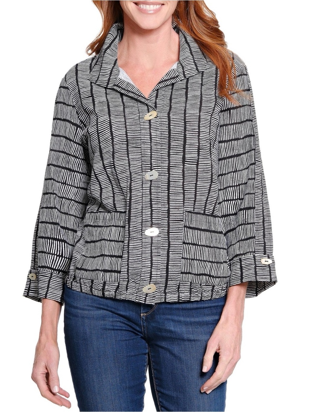 NWT Ali Miles Point Collar Black & White Striped Linen Blend Button-Up Blouse 3X